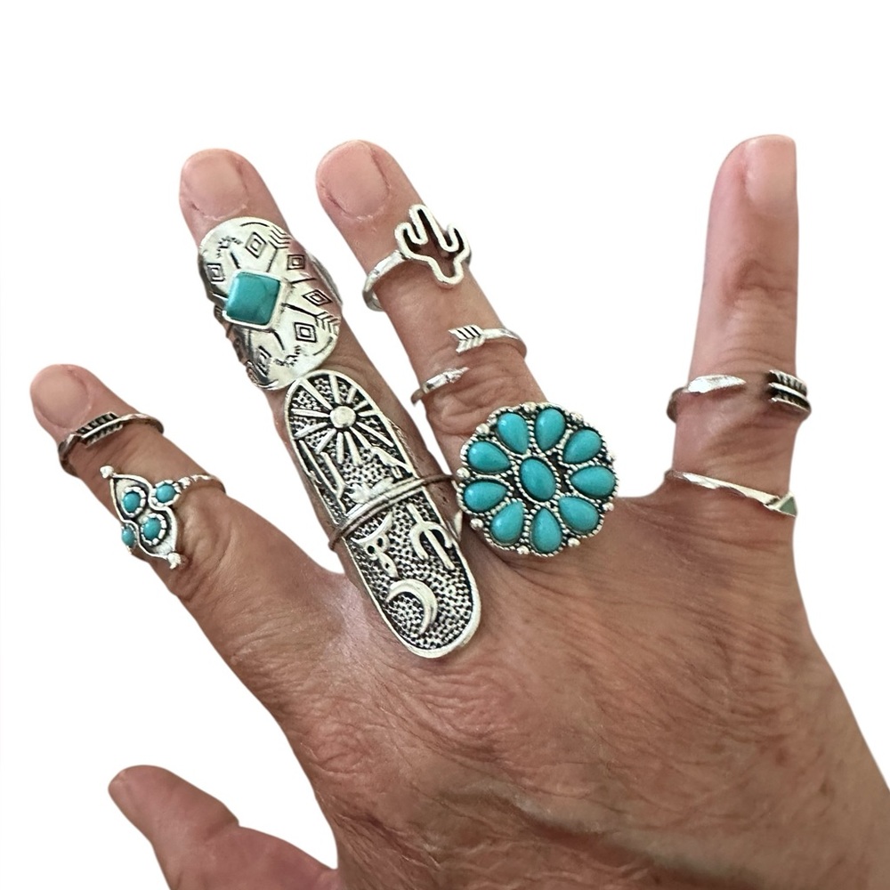 9 Piece Western Inspired Silver and Turquoise Ring Set
